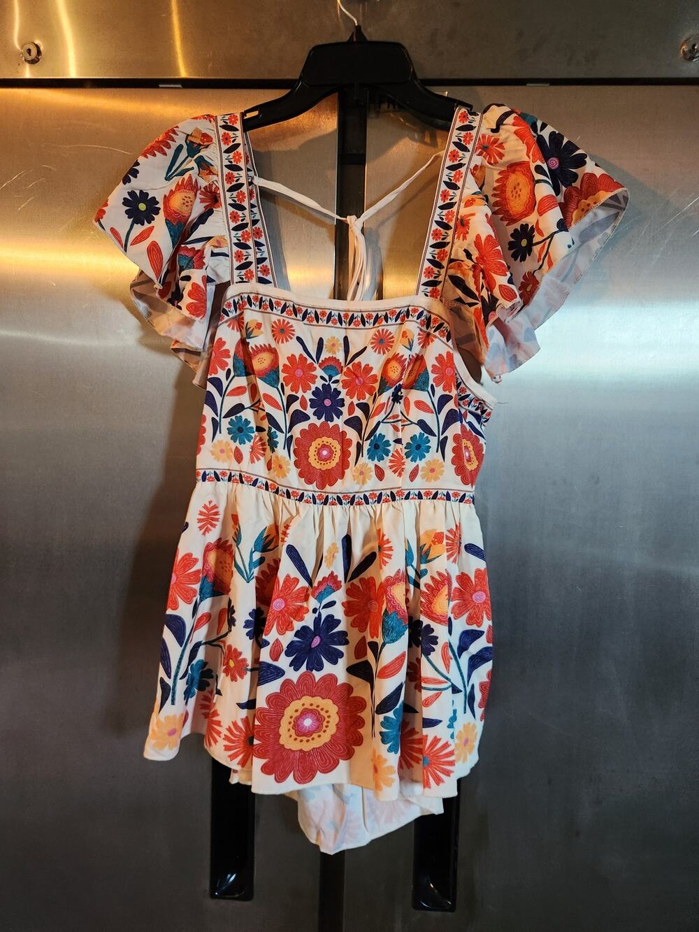 Shein Curve Ivory Floral Embroidered Print Open Back Peplum Top Size 0XL